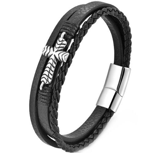 ***COI Titanium Black Silver Cross Genuine Leather Bracelet With Steel Clasp(Length: 8.27 inches)-01463AA