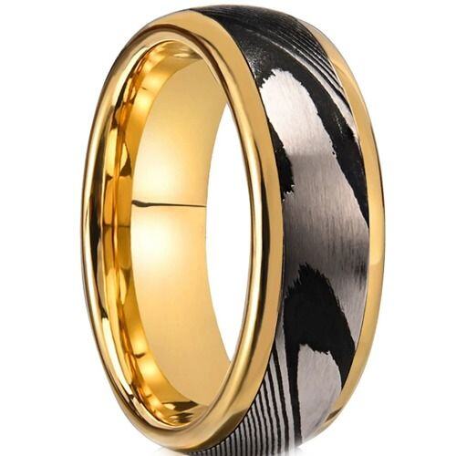 ***COI Tungsten Carbide Black Gold Tone Silver Damascus Ring-01468AA