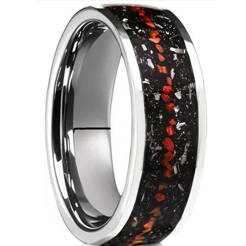 ***COI Tungsten Carbide Ring With Meteorite & Created Red Ruby-01469AA
