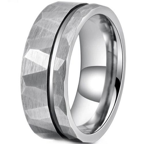 ***COI Tungsten Carbide Offset Groove Faceted Ring-01470AA