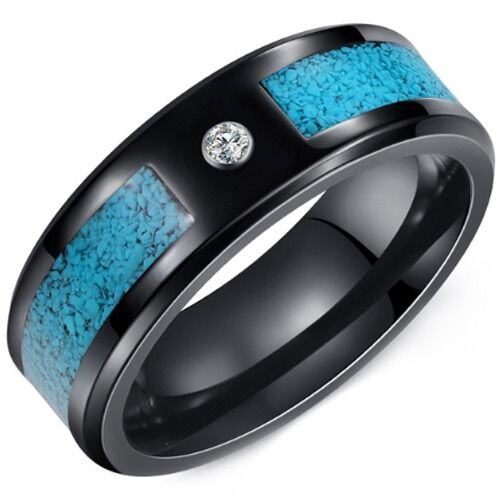 ***COI Black Tungsten Carbide Turquoise Beveled Edges Ring With Cubic Zirconia-01472AA
