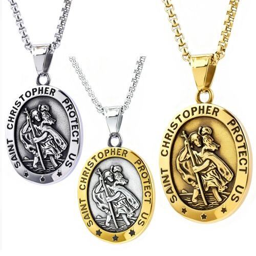 ***COI Titanium Silver/Gold Tone Silver/Gold Tone Saint Christopher Protect Us Pendant-01503AA
