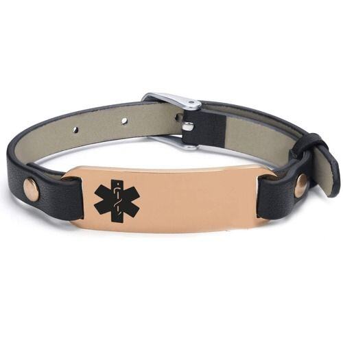 ***COI Titanium Black/Rose Medical Alert Genuine Leather Bracelet With Steel Clasp(Length: 8.27 inches)-01508AA