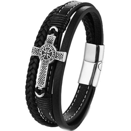 ***COI Titanium Black Silver Cross Genuine Leather Bracelet With Steel Clasp(Length: 8.27 inches)-01521AA