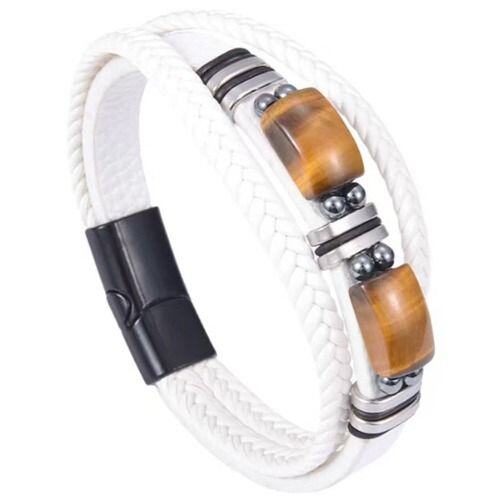 ***COI Titanium Tiger Eye/Blue Turquoise Genuine Leather Bracelet With Steel Clasp(Length: 8.27 inches)-01524AA