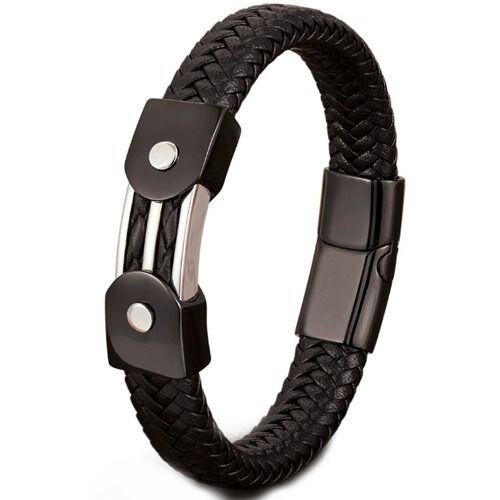 ***COI Titanium Black Silver Genuine Leather Bracelet With Steel Clasp(Length: 8.27 inches)-01525AA