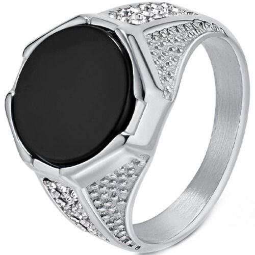 ***COI Titanium Gold Tone/Silver Cubic Zirconia Ring With Black Onyx-01529AA