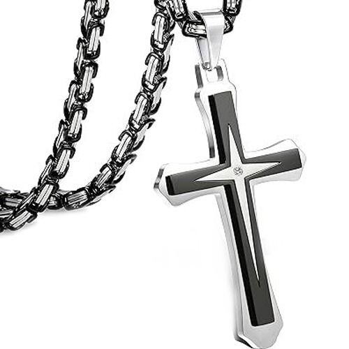 ***COI Titanium Black/Gold Tone Silver Cross Pendant With Cubic Zirconia-01537AA