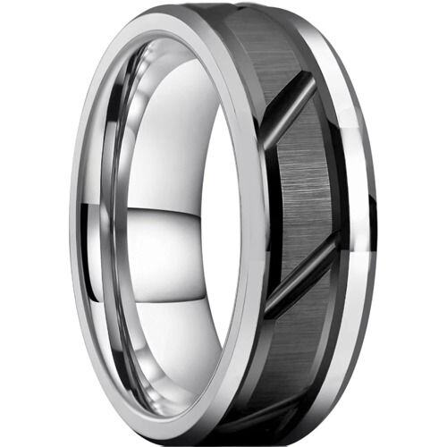 ***COI Tungsten Carbide Black Silver Diagonal Grooves Beveled Edges Ring-01538AA