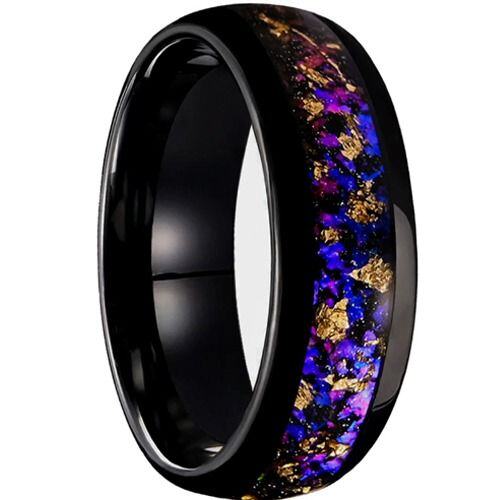 ***COI  Black Tungsten Carbide Dome Court Ring With Meteorite Purple Amethyst & Gold Foil-01541AA