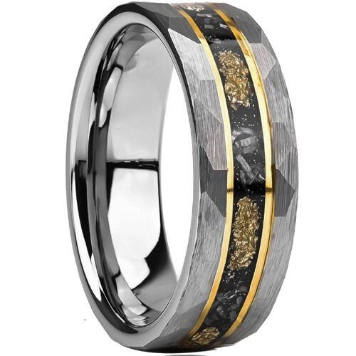 ***COI Tungsten Carbide Gold Tone Silver Faceted Ring With Meteorite & Gold Foil-01542AA