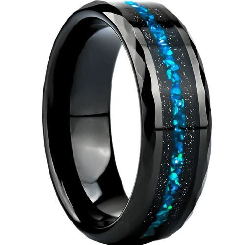 ***COI Black Tungsten Carbide Faceted Ring With Meteorite & Crushed Opal-01543AA
