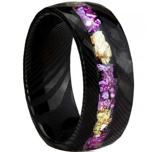 ***COI Black Tungsten Carbide Damascus Ring With Purple Amethyst & Gold Foil-01545AA