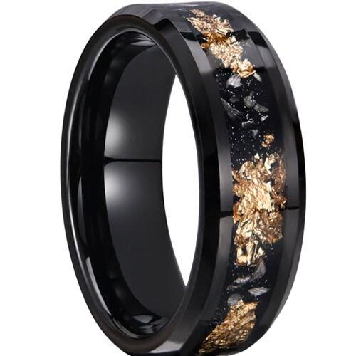 ***COI Black Tungsten Carbide Meteorite & Gold Foil Beveled Edges Ring-01547AA