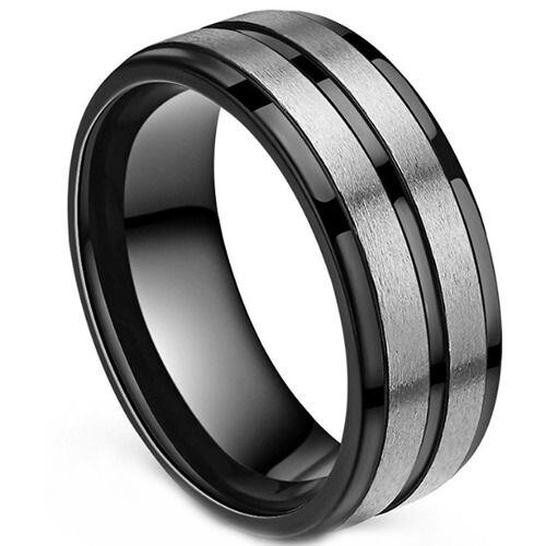 ***COI Tungsten Carbide Black Silver Center Groove Beveled Edges Ring-01550AA