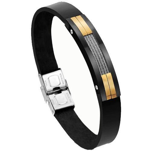 ***COI Titanium Black Gold Tone Wire Rubber Bracelet With Steel Clasp(Length: 8.27 inches)-01551AA