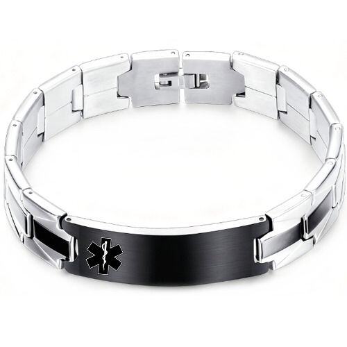 ***COI Titanium Black Silver Medical Alert Bracelet With Steel Clasp(Length: 7.87 inches)-01554AA