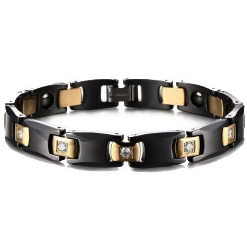 ***COI Titanium Gold Tone Black Ceramic Cubic Zirconia Bracelet With Steel Clasp(Length: 8.27 inches)-01563AA