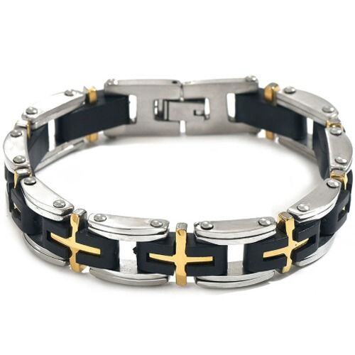 ***COI Titanium Black Gold Tone Silver Cross Bracelet With Steel Clasp(Length: 8.46 inches)-01568AA