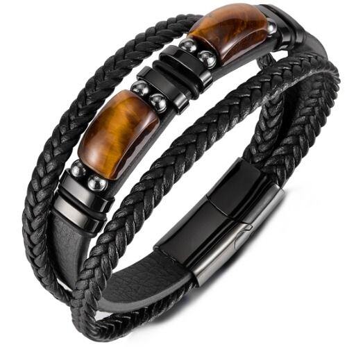 ***COI Black Titanium Tiger Eye Genuine Leather Bracelet With Steel Clasp(Length: 8.46 inches)-01572AA