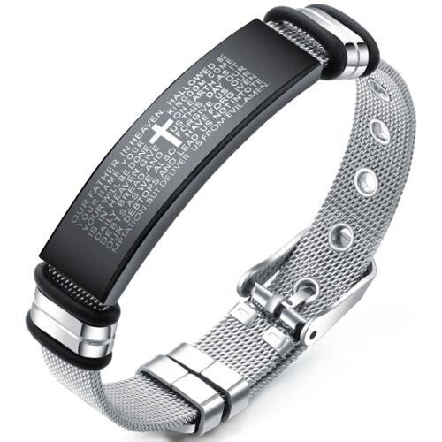 ***COI Titanium Black Silver Cross Prayer Bracelet With Steel Clasp(Length: 8.27 inches)-01574AA