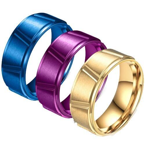 ***COI Titanium Purple/Blue/Gold Tone Diagonal Grooves Step Edges Ring-01581AA