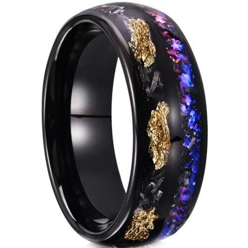 ***COI Black Titanium Meteorite Gold Foil & Crushed Opal Dome Court Ring-01588AA