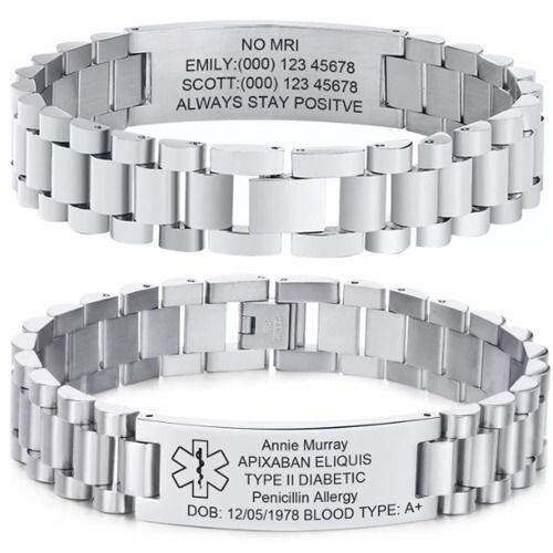 ***COI Titanium Black/Gold Tone/Silver Medical Alert Custom Engraving Bracelet With Steel Clasp(Length: 8.27 inches)-01598AA