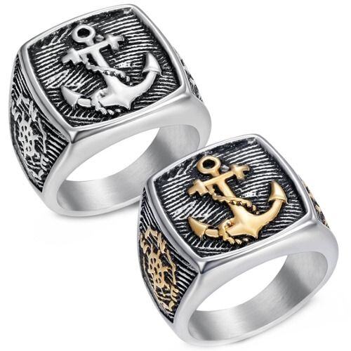 ***COI Titanium Black Silver/Black Gold Tone Silver Anchor Ring-01604AA