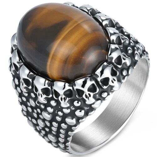 ***COI Titanium Black Silver Skull Ring With Tiger Eye or Black Onyx-01609AA