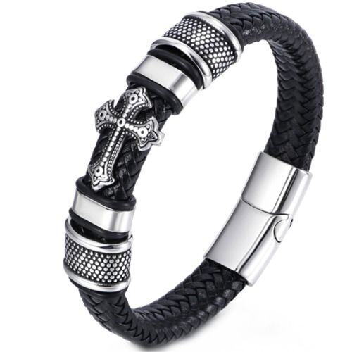 ***COI Titanium Black Silver Cross Genuine Leather Bracelet With Steel Clasp(Length: 8.27 inches)-01612AA