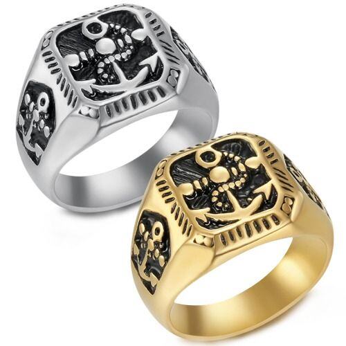 ***COI Titanium Black Gold Tone/Silver Anchor Ring-01615AA