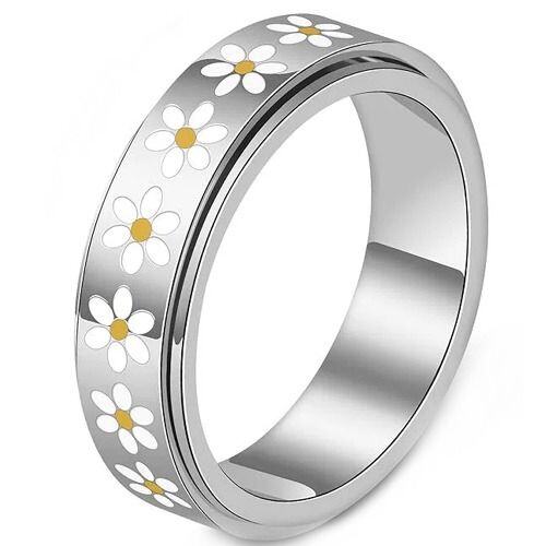 ***COI Titanium Gold Tone/Silver Floral Rotating Ring With Ceramic-01620AA