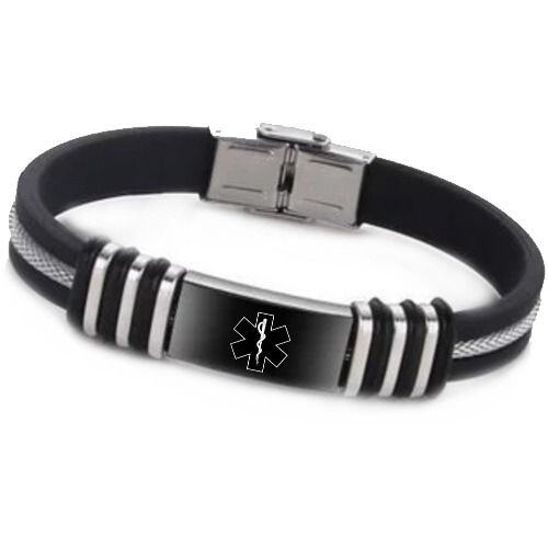 ***COI Titanium Black/Gold Tone/Silver Medical Alert Rubber Bracelet With Steel Clasp(Length: 8.27 inches)-01629AA