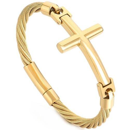 ***COI Titanium Black/Gold Tone/Silver Cross & Wire Bracelet With Steel Clasp(Length: 8.66 inches)-01645AA