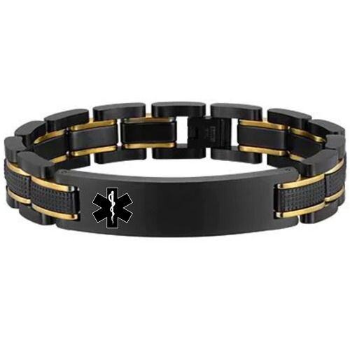 ***COI Titanium Black Gold Tone Medical Alert Bracelet With Steel Clasp(Length: 8.66 inches)-01647AA