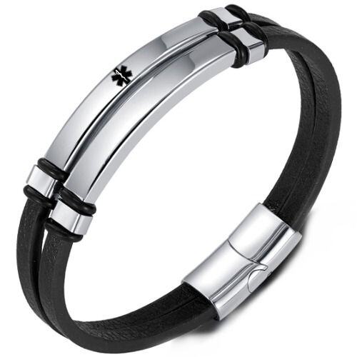 ***COI Titanium Black Silver Medical Alert Genuine Leather Bracelet With Steel Clasp(Length: 8.27 inches)-01649AA