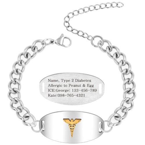 ***COI Titanium Black/Silver Gold Tone Medical Alert Custom Engraving Bracelet With Steel Clasp(Length: 8.27 inches)-01664AA