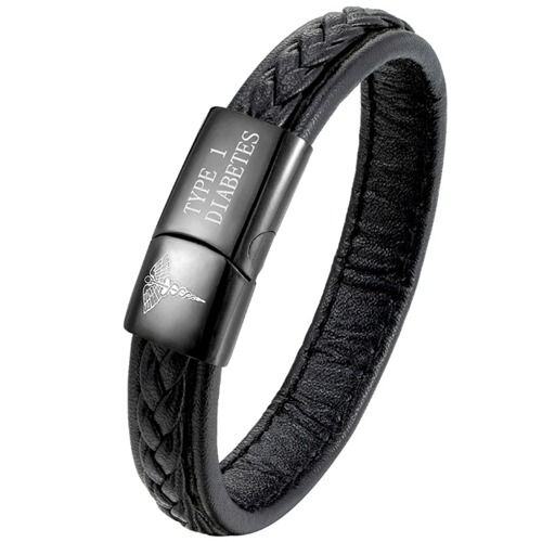 ***COI Black Titanium Medical Alert Genuine Custom Engraving Leather Bracelet With Steel Clasp(Length: 8.27 inches)-01667AA