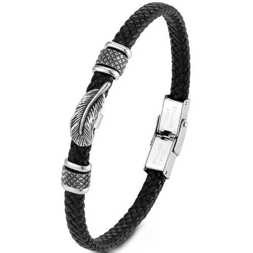 ***COI Titanium Black Silver Feather Genuine Leather Bracelet With Steel Clasp(Length: 8.85 inches)-01680AA