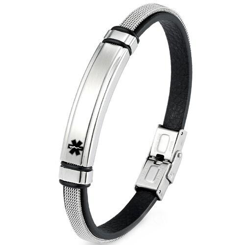 ***COI Titanium Black Silver Medical Alert Genuine Leather Bracelet With Steel Clasp(Length: 8.66 inches)-01681AA