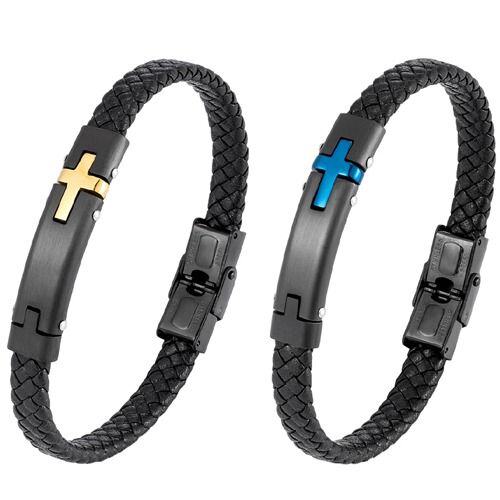 ***COI Titanium Black Gold Tone/Blue Cross Genuine Leather Bracelet With Steel Clasp(Length: 8.86 inches)-01682AA