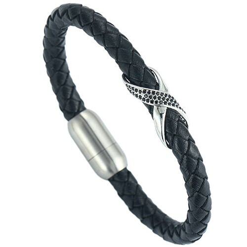 ***COI Titanium Infinity Cubic Zirconia Genuine Leather Bracelet With Steel Clasp(Length: 9.39 inches)-01683AA