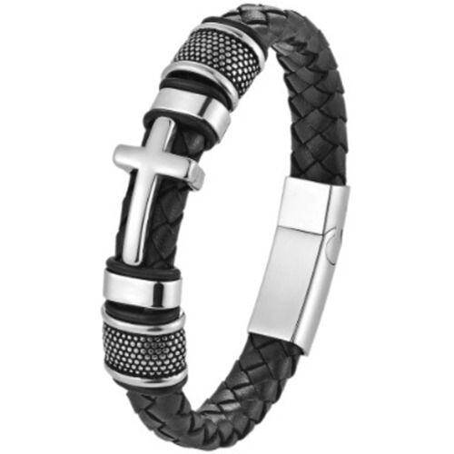 ***COI Titanium Black Silver/Black Cross Genuine Leather Bracelet With Steel Clasp(Length: 8.27 inches)-01685AA