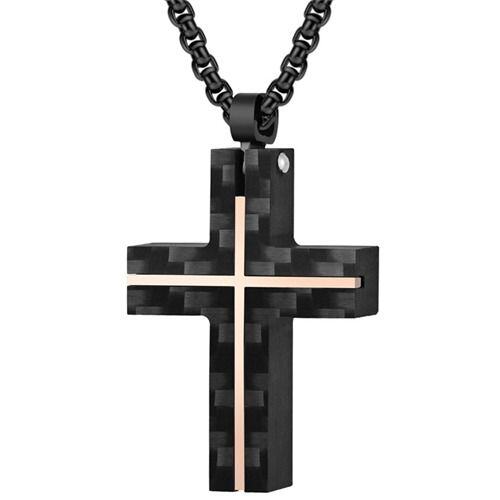 ***COI Titanium Black Rose/Silver Cross Pendant With Carbon Fiber-01698AA