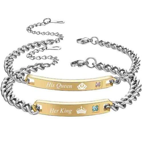 ***COI Titanium Gold Tone/Silver King Queen Cubic Zirconia Bracelet With Steel Clasp(Length: 8.27 inches)-01701AA