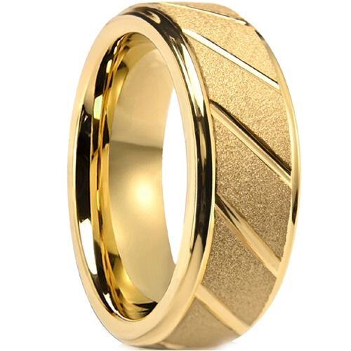 ***COI Gold Tone Tungsten Carbide Diagonal Grooves Sandblasted Step Edges Ring-01712AA