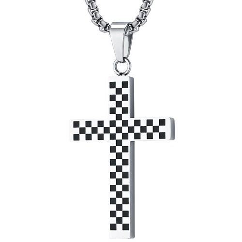 ***COI Titanium Black/Silver Checkered Flag Cross Pendant-01717AA