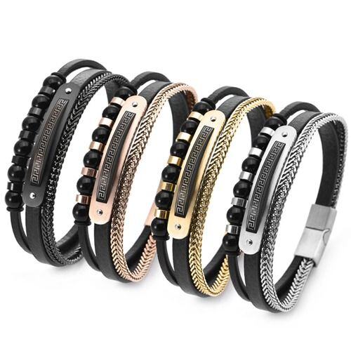***COI Titanium Black/Gold Tone/Rose/Silver Greek Key Pattern Genuine Leather Bracelet With Steel Clasp(Length: 8.27 inches)-01718AA