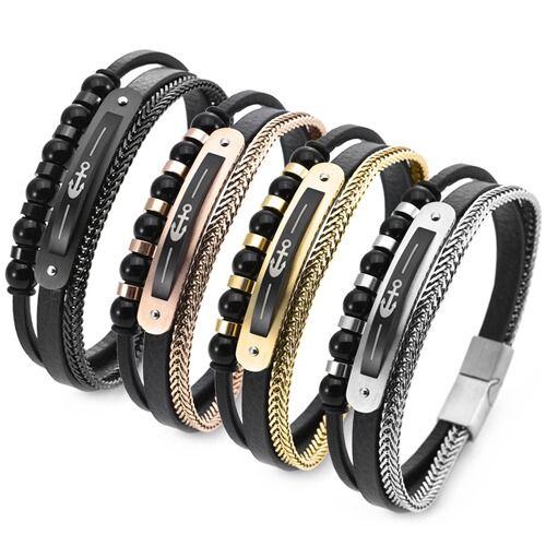 ***COI Titanium Black/Gold Tone/Rose/Silver Anchor Genuine Leather Bracelet With Steel Clasp(Length: 8.27 inches)-01719AA